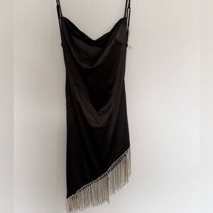 Black Satin Bedazzle Fringe Mini Dress